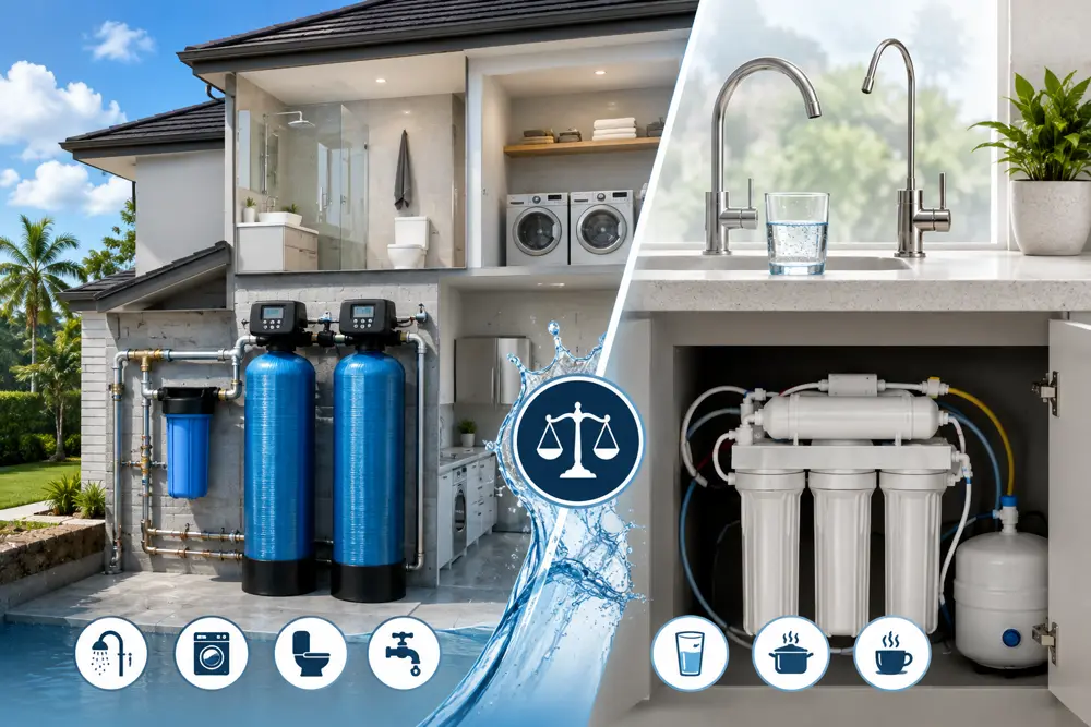 Whole-home water softener system and under-sink reverse osmosis system side by side