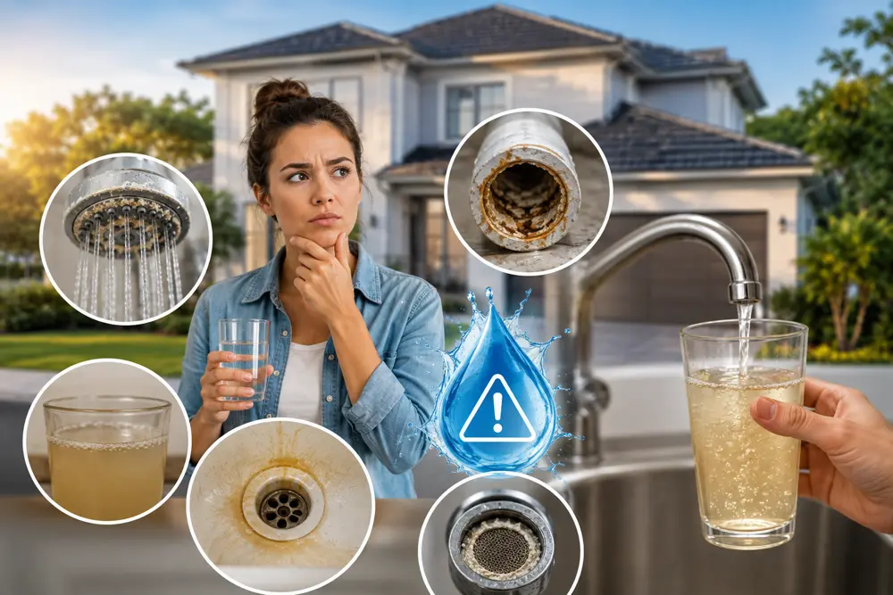 Common signs of water quality issues: stained drain, corroded pipe, cloudy water